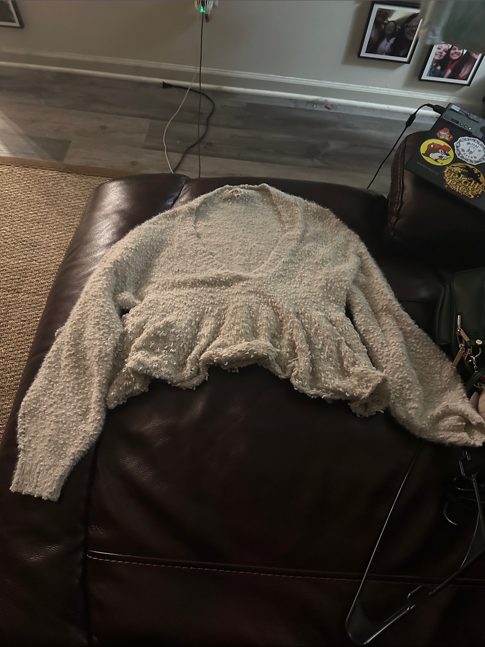 POL Cream Textured Peplum V-Neck Sweater